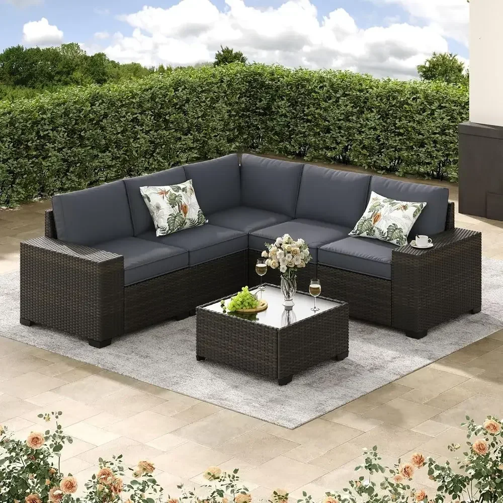 All-Weather Wicker Outdoor Sectional Sofa Set with Cushions, Grey, for Patio, Garden, Backyard