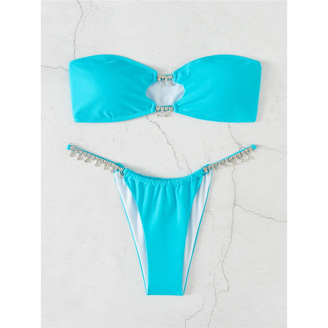 2026 Neuer Sexy Strass-Bandeau-Tanga-Bikini Damen-Bademode Zweiteiliger Bikini-Set Badeanzug Schwimmanzug V3981 – Detail 10