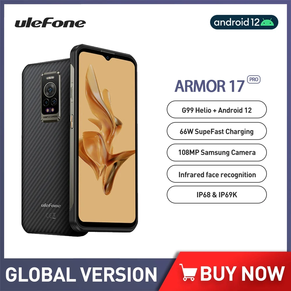 Ulefone Armor 17 Pro Rugged Smartphone Android 6.58 Inch Helio G99 8GB+256GB 108MP Mobile Phone  Night Vision 66W 5380mAh NFC