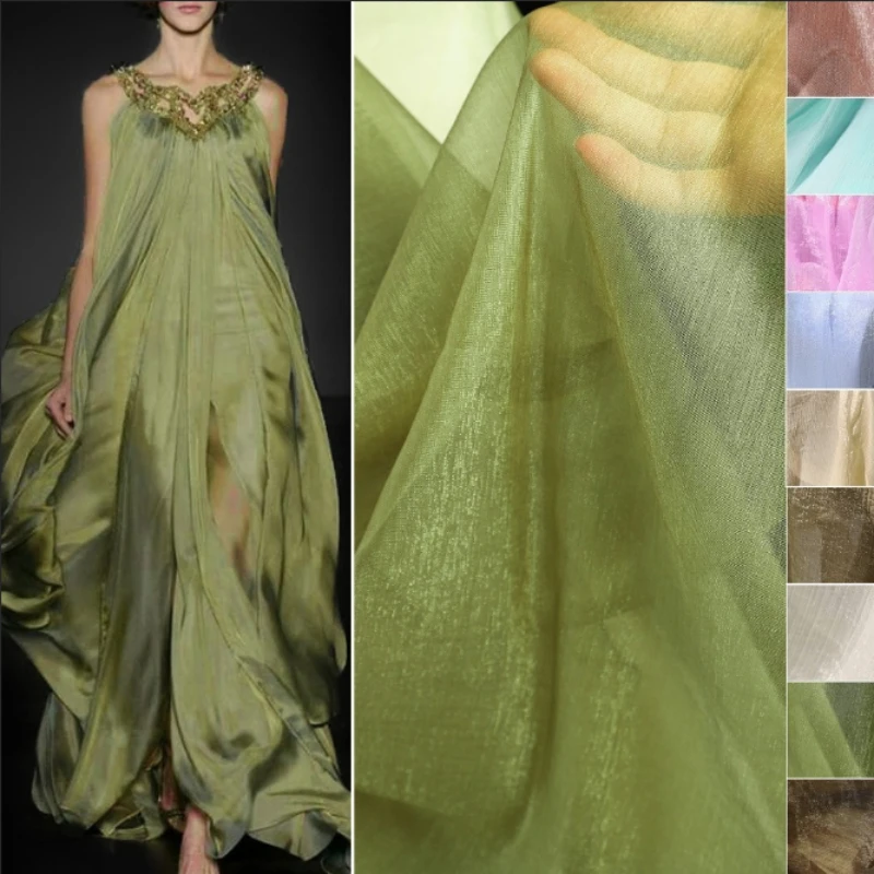 

Green Slightly Shimmer Chiffon Fabric, Soft Sheer for Shawl Dress Veil Gown Designer
