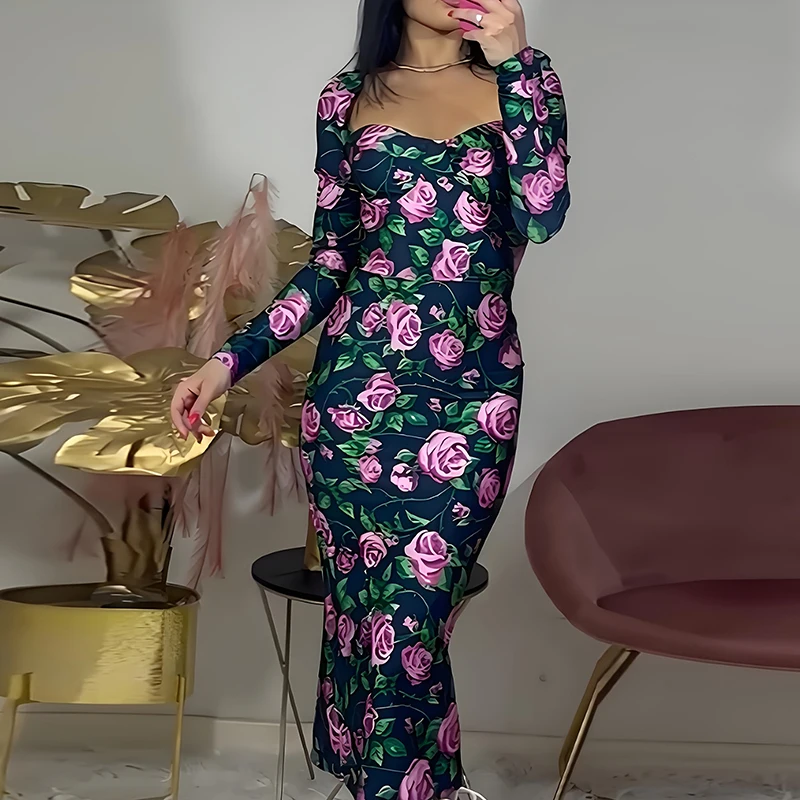 موضة جديدة عالية الخصر فساتين ماكسي زهرة طباعة سليم ركاب فستان الربيع الصيف المرأة ساحة الرقبة طويلة الأكمام فستان الحفلات #5