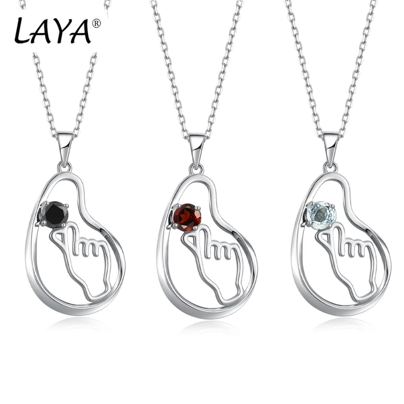 

LAYA 925 Sterling Silver Natural Garnet Black Sapphire Blue Topaz Than Heart Hand Pendant Necklace For Women Original Jewelry