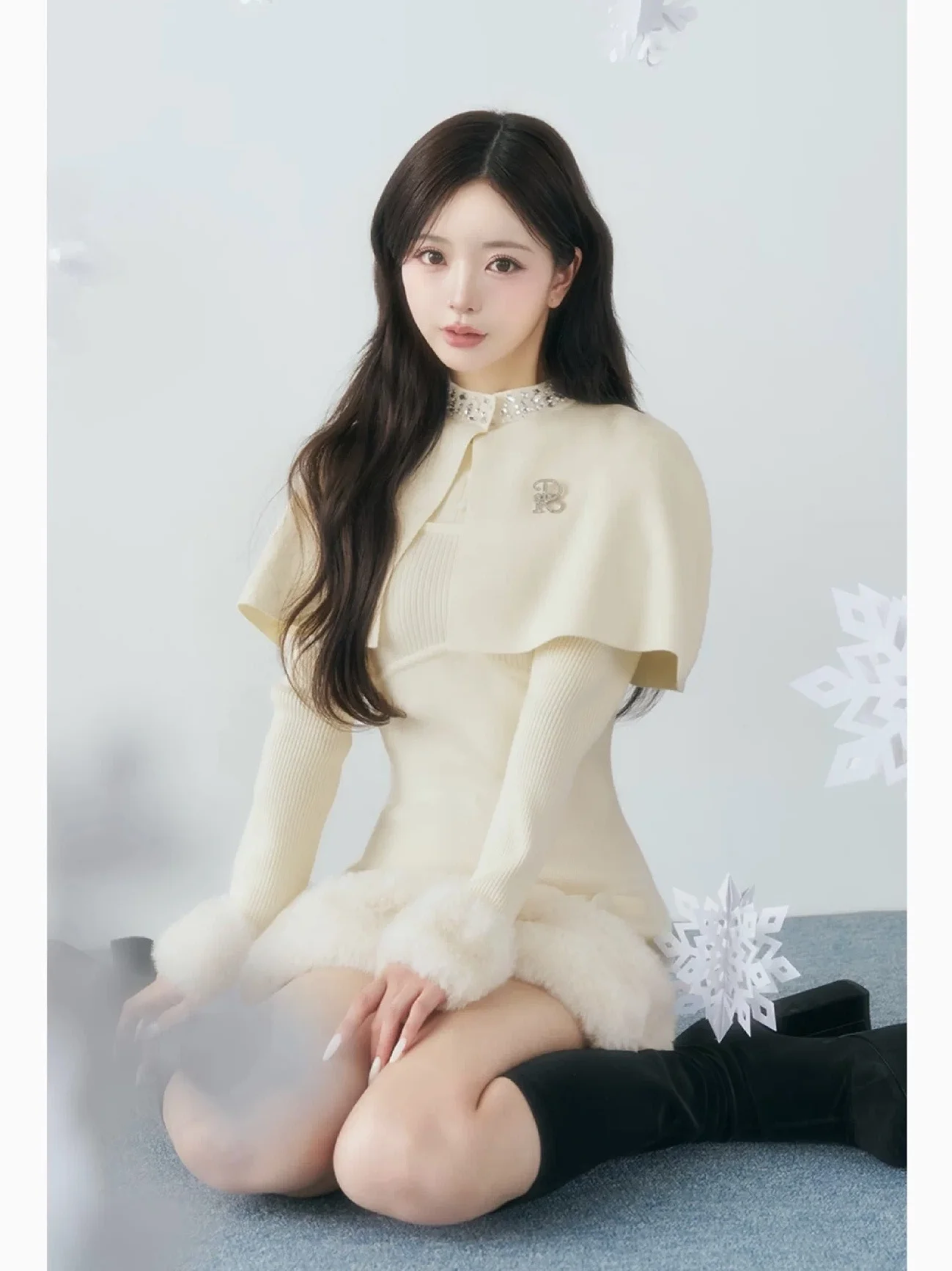 Autumn Winter Pearl Decorated Knitted Velvet Sleeve Slim Fit Lady's Dress with Chest Pin Vintage Style Women's Warm Long Sleeve