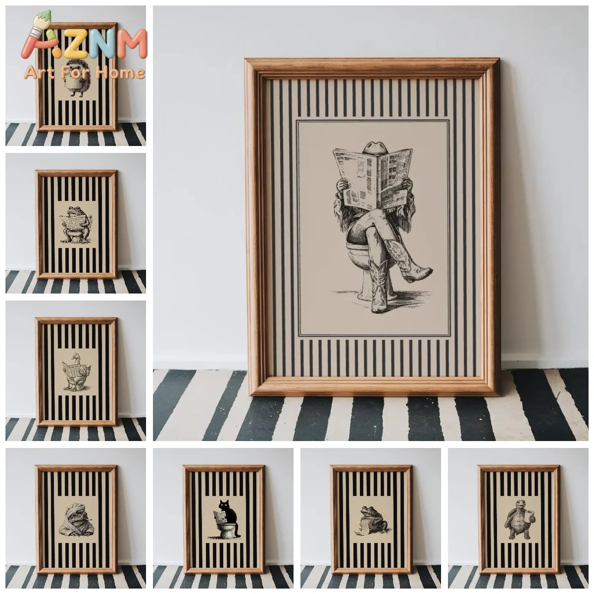 Western Cowgirl Reading Newspaper & Hedgehog Toilet Paper Canvas Print Frog Bathroom Wall Art for Poster for Modern Home Decor