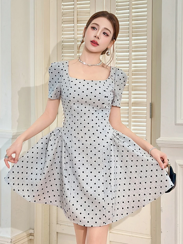 Mulheres roupas de rua retro dot print quadrado pescoço fino a linha mini vestido curto elegante senhora festa baile aniversário vestidos moda
