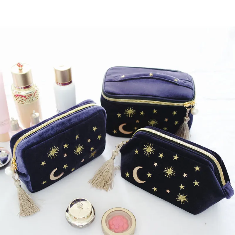 Japanese and Korean Cute Velvet Cosmetic Bag Embroidered Crescent Storage Bag Clutch Bags Portable Jewelry Bags