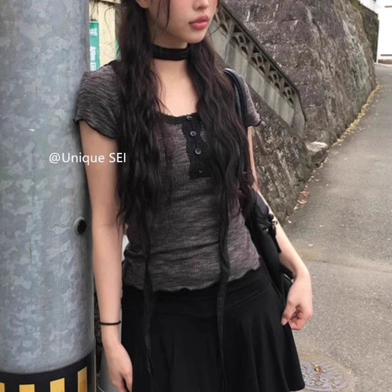 Japanese O-neck Contrast Color Patchwork Slim Short Sleeve T-shirt Women 2025 Summer New High Street Fashion All Match Crop Tops