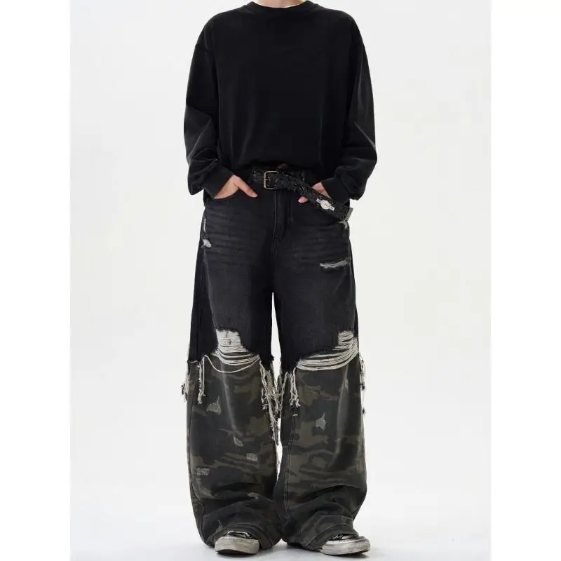 

Street hole design sense fake two jeans hip hop loose wide legs lazy camouflage splicing pants