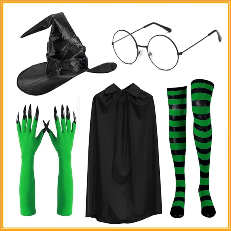 

5pcs/set Halloween Green Ghost Claw Gloves Set Pleated Wizard Hat Cape Round Glasses Socks Cosplay Character Set cloth