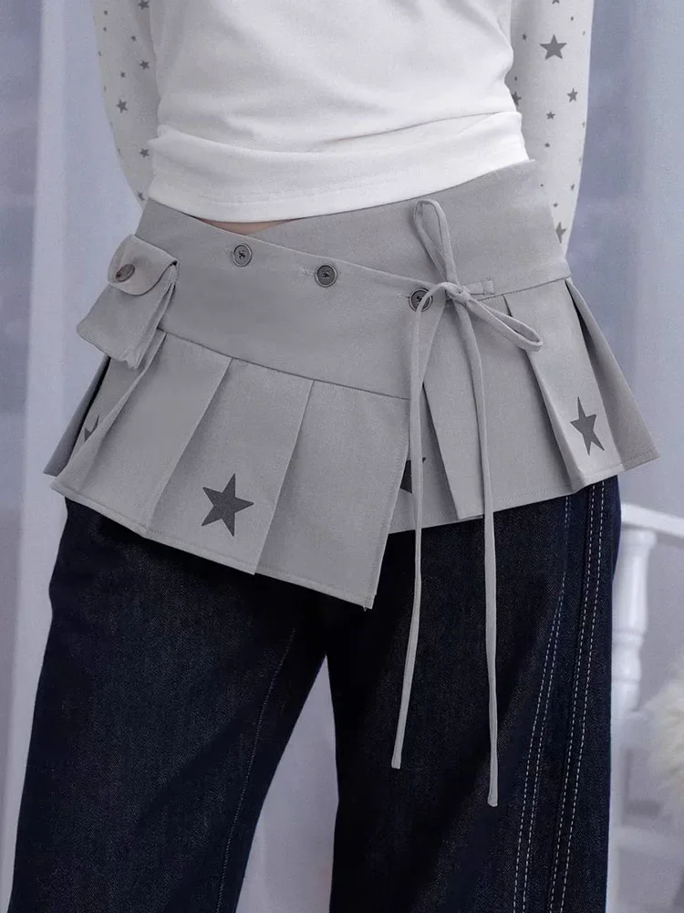 

Fashion New Gray Star Women's Skirts Y2k Slim Waist Pleated A-line Skirt For Women Summer Subcultural Faldas Mujer
