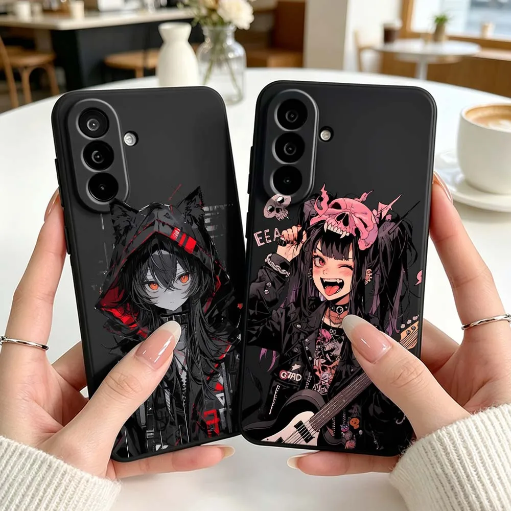 Long Black Hair Red Eyes Girl Phone Case For Samsung Galaxy A71 A56 A55 A54 A53 A51 A50 A41 A16 A06 A05 Black Silicone Cover