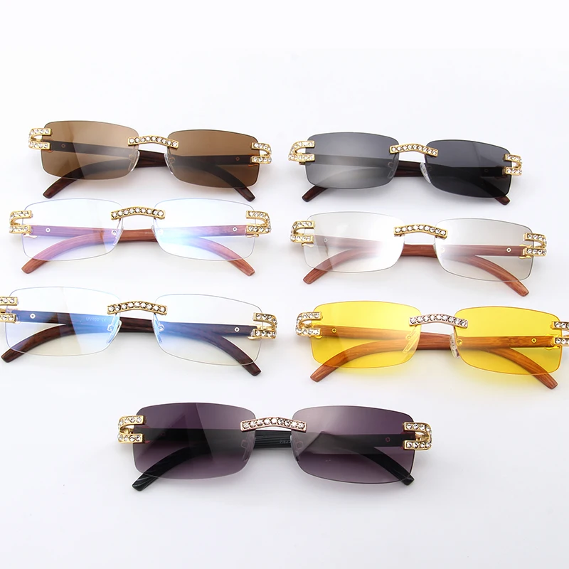 Kenbo Rhinestone Wood Rimless Sunglasses Men Wooden Square Sun Glasses Retro Stone Shades Oculos Eyewear for Club Summer