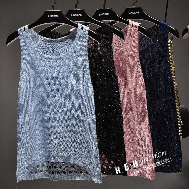 0 Summer sexy hollow out knitted tank tops women shiny gold Silver sequined tank tops women bling bling shiny knited vest top