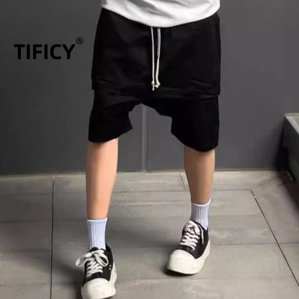 High Street Shorts Men's RO Dark Style Double-layer Versatile All Season Hanging Crotch Harlan Shorts Cropped Pants