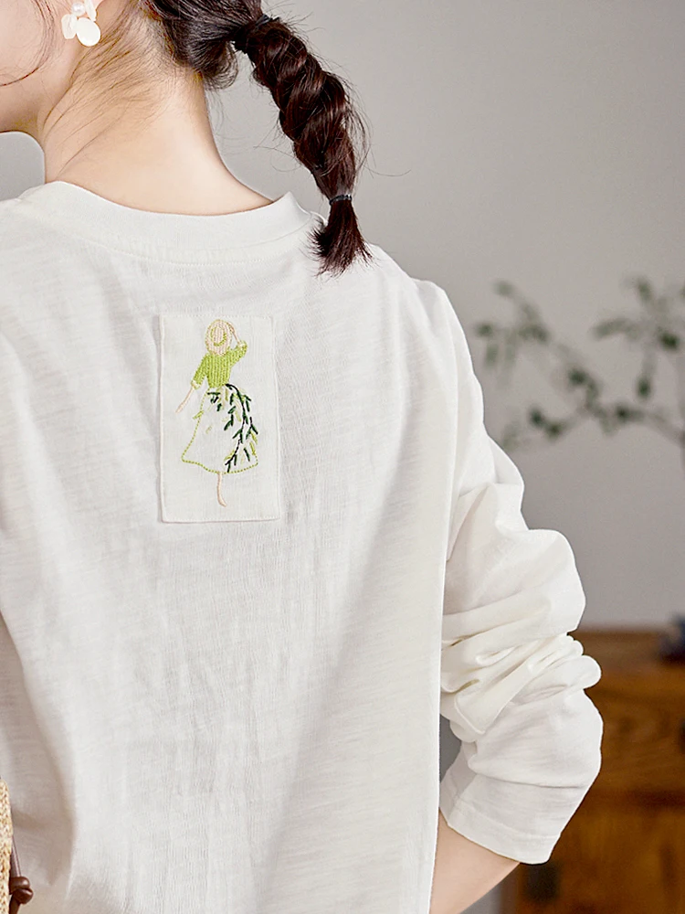 

Gujia оригинальная вышитая круглая футболка из 00% бамбукового вискозы Ne Long Sve женская футболка Fre Artistic белый базовый топ новый