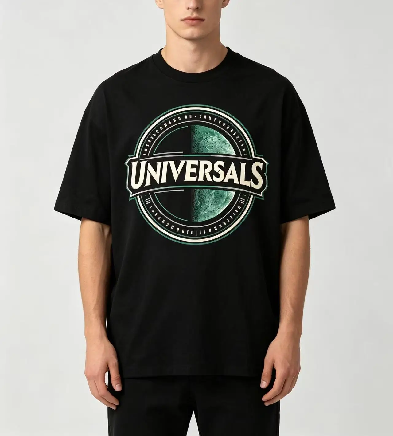 Unisex Retro Badge UNIVERSALS Planet Graphic T‑Shirt Men Women Space Theme Oversized Cotton Short Sleeve Tee