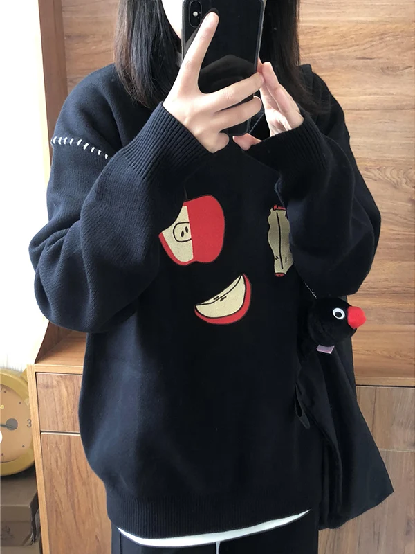 Retro American round Ne Sweater Women's Loose Lazy Sle Bla Overhead Fun Top Thiened Polyester Fiber Long Sve