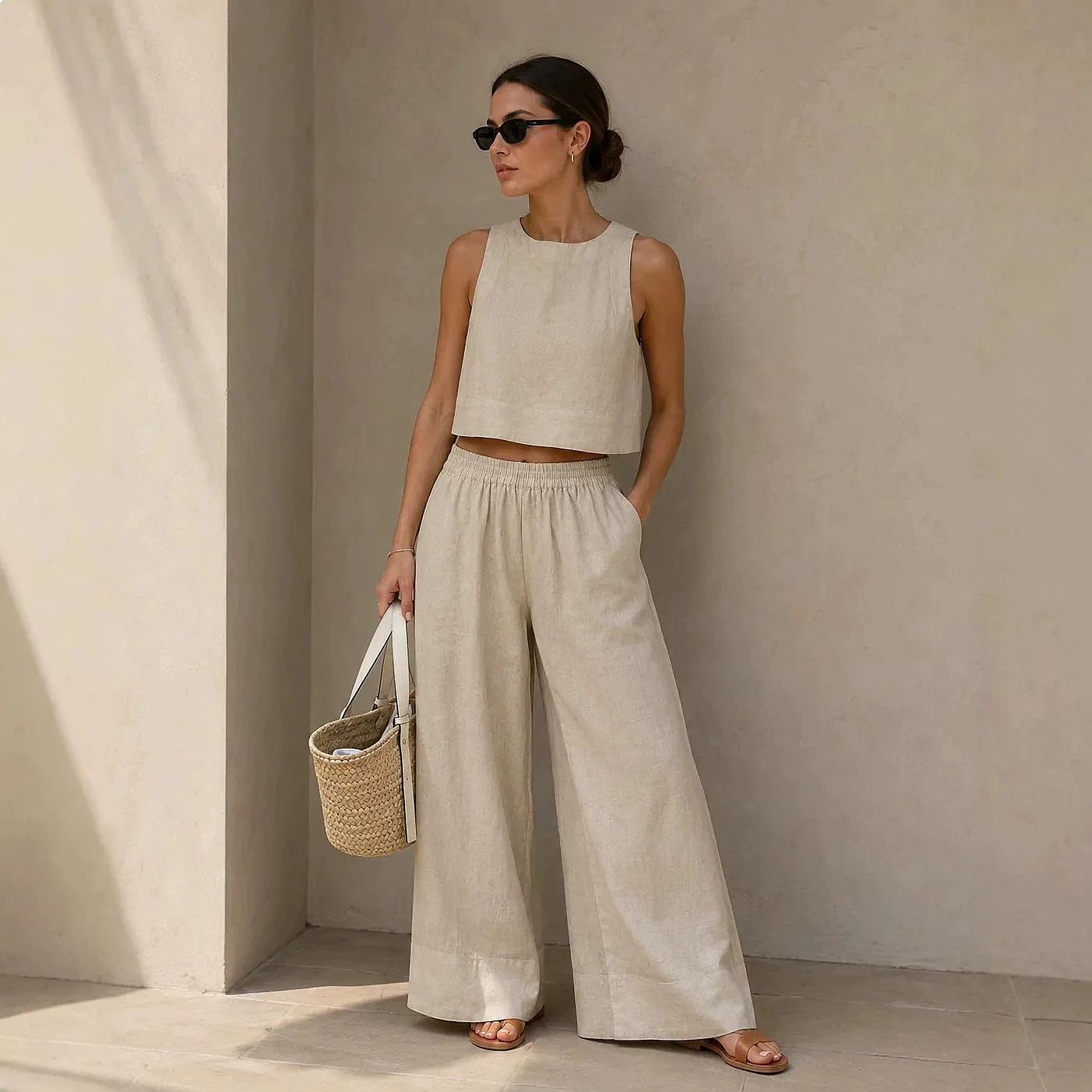 Women's Sleeveless Linen Cotton Wide Leg Pants Jumpsuit Matching Set Summer Spring Outfits