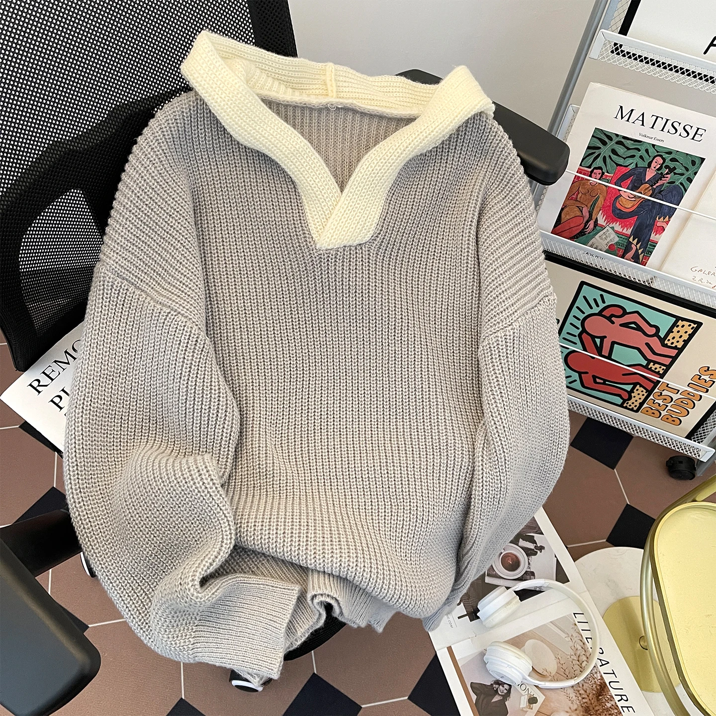 

Корейский вязаный худи-свитшот унисекс с V-образным вырезом в стиле Color Block, осенне-зимняя повседневная одежда, имитация двухслойности