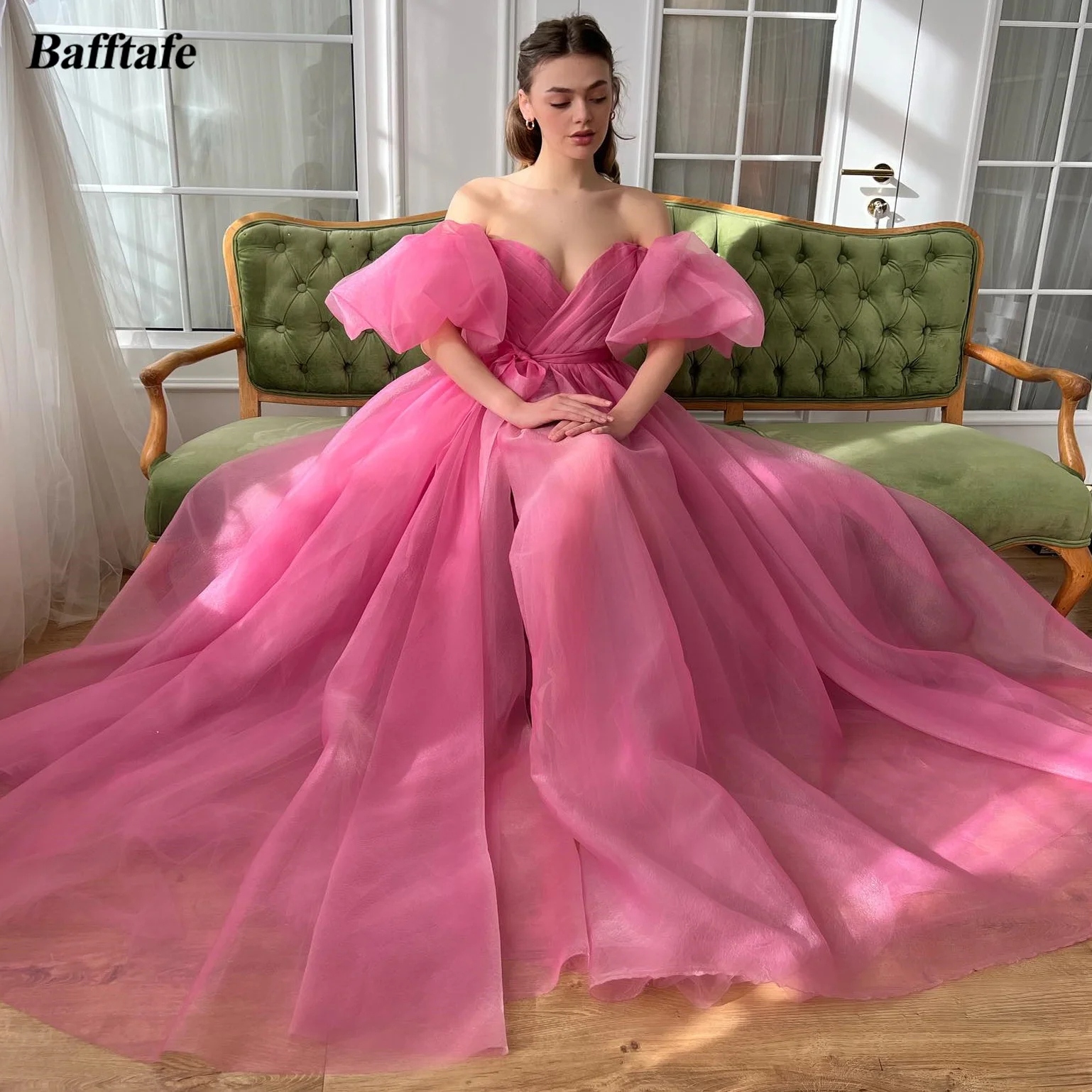 Bafftafe Fuchsia Organza Long Prom Dresses Customized Short Puff Sleeves Corset Back Evening Gowns Special Formal Party Dress