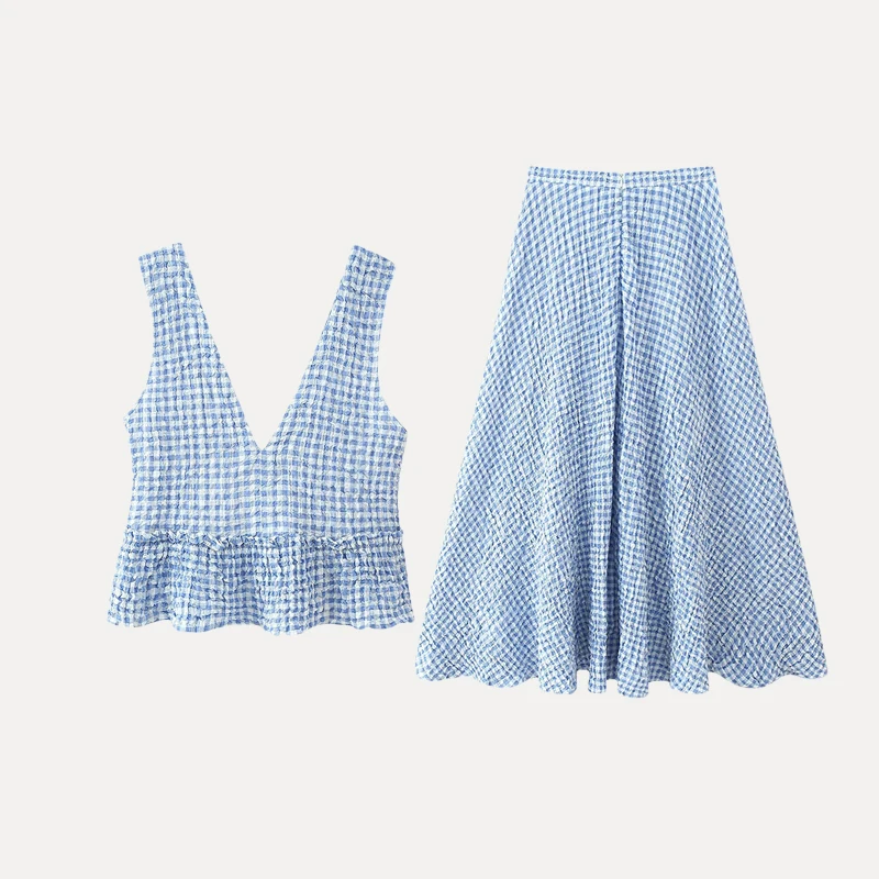 Z 2025 Estate Nuove donne irt e gonna a mantella Set piccolo plaid Faion Ensemble Fibra di poliestere ort Sve V-Ne