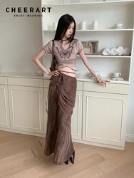 CHEERART Brown Tie Dye Long Skirt For Woman Shirring Bandage Designer High Waist Midi Skirt Summer High Fashion Outfit