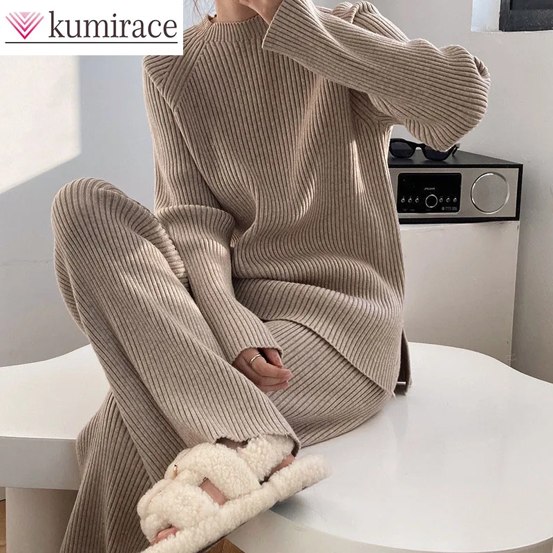 

Advanced Knitted Set Autumn New Style Loose Lazy Solid Color Sweater Wide Leg Pants Casual Two Piece Set Women's Fashion