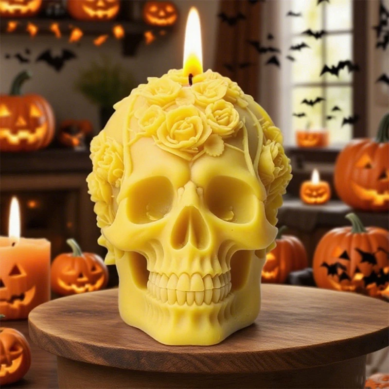 1 piece, DIY Halloween Rose Skull Candle Silicone Mold Dripping Resin Plaster Decoration Handmade Creative Ornament