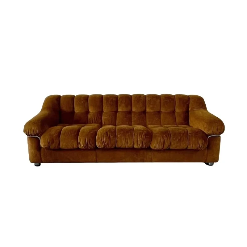 Medieval retro style steel teeth three-seat sofa caramel brown living room designer lazy feeling puff pastry middle-aged style