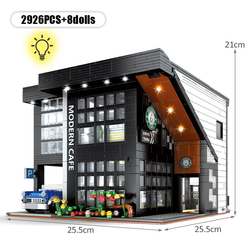 Modern Coffee Shop Model City Architecture Street View Building Blocks Cafe Construction Set Moc Bricks DIY Assembled Toys Gifts