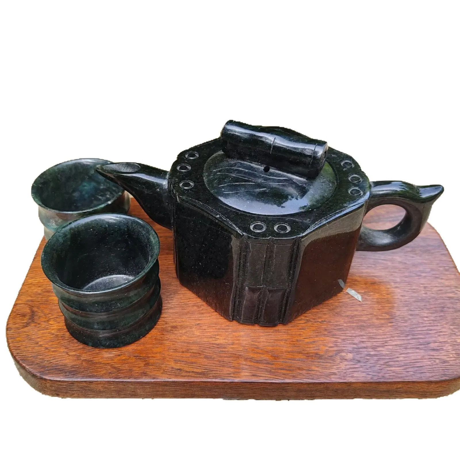 Natural Green Jade Teapot Chinese Tea Ceremony Water Pots Genuine Tibetan Medicine King Stone Magnetic Jade Kung Fu Teaset Gift