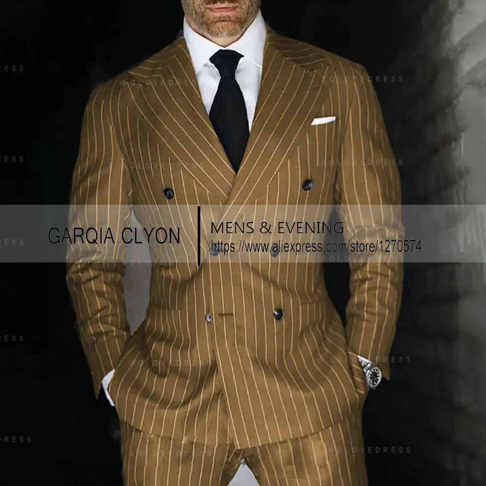 Grey Striped Mens Suits Double Breasted For Wedding Custom Made For Man Costume Groom 2-Pieces Tuxedos Best Man Blazer Pants