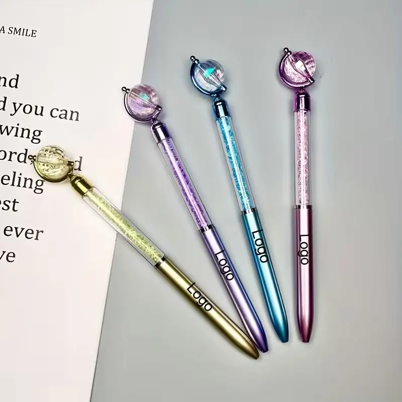 10-Pack Globe-Shaped Ballpoint Pens - Can Be Engraved with Logos, Etc. Retractable Plastic Pens with Liquid Sand and Diamond Design, Personalized Medium-Sized Writing Tools, Round Pen Body, Suitable for Teacher's Day, Students, Friends, Family, and Classmates as Gifts