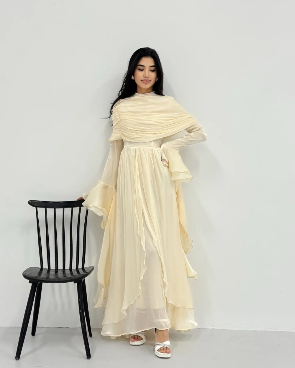 

Customized Retro Casual Chiffon Pleat Ruched Draped A-line High Collar Long Dresses Evening Dresses Sizes Available High Quality