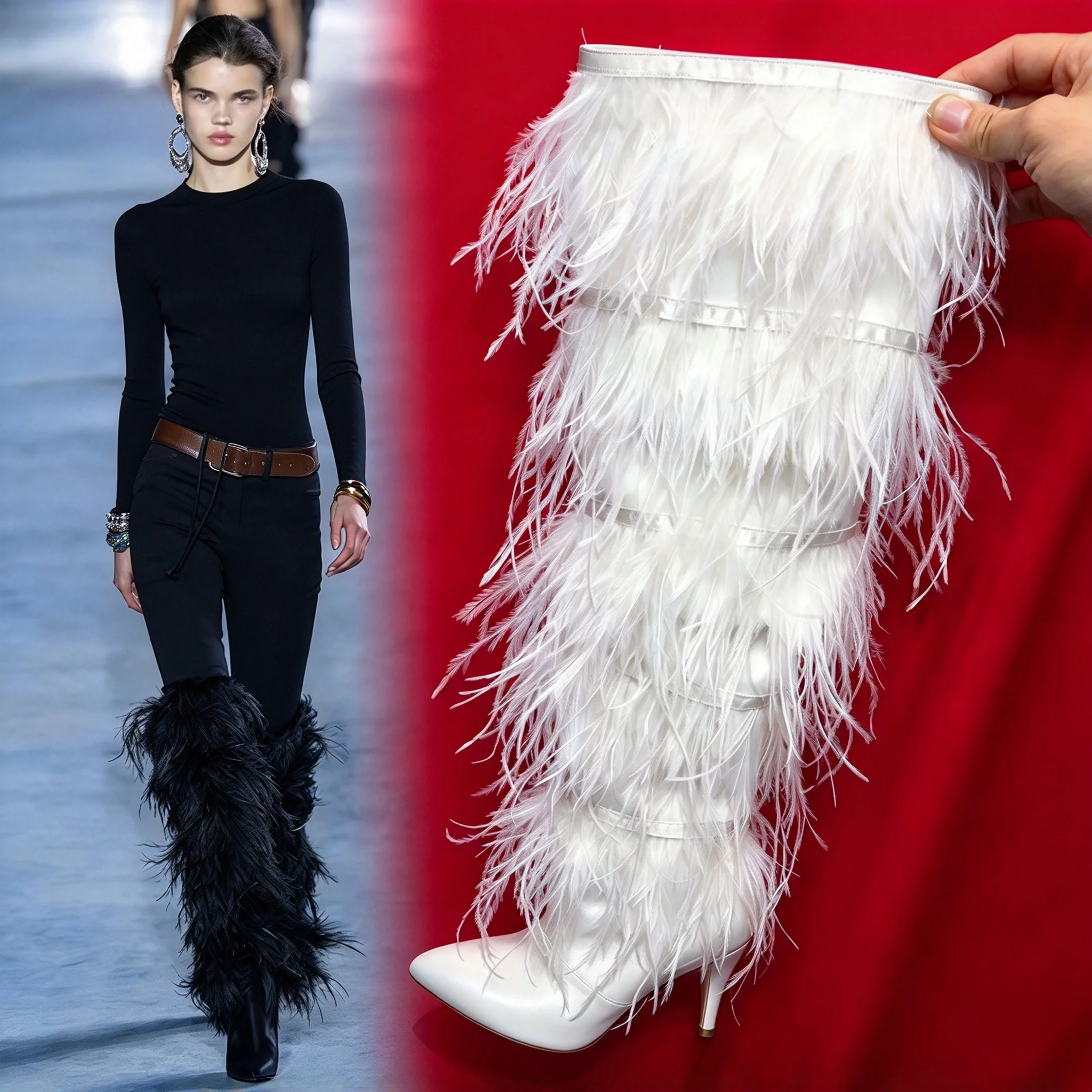 Women Blue White Black Feather Thigh High Boots Pointed Toe Stiletto Heel Over The Knee Boots Fashion Runway Party Dress Winter