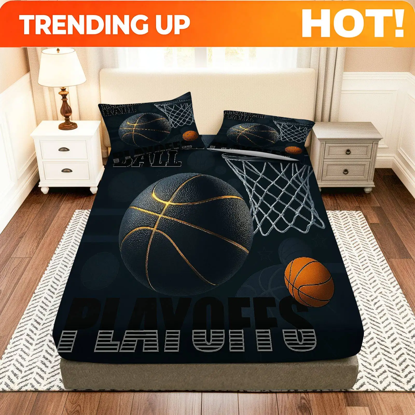 Customize 3pcs Basketball Playoffs Sports Fitted Sheet Three Piece Set (1*Fitted Sheet+2*Pillowcases, Coreless), Sports Theme, E