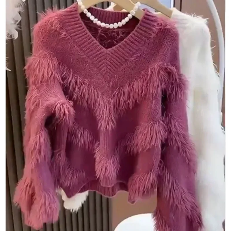 

Autumn and Winter New Imitation Mink Hair V-neck Fringe Long Sleeve Sweater Women's Korean Version of Loose and Thick Knitwear