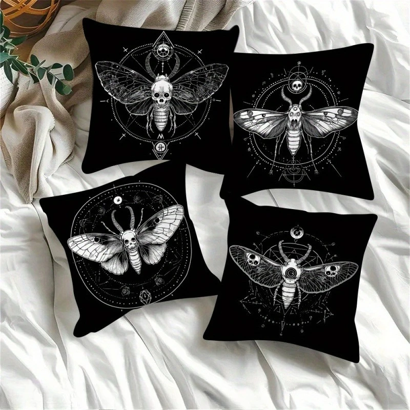 4pcs Skull & Moth Pillow Covers,Retro Style, Modern Decor Cushions for Sofa, Living Room & Outdoor Use, Multiple Sizes Available
