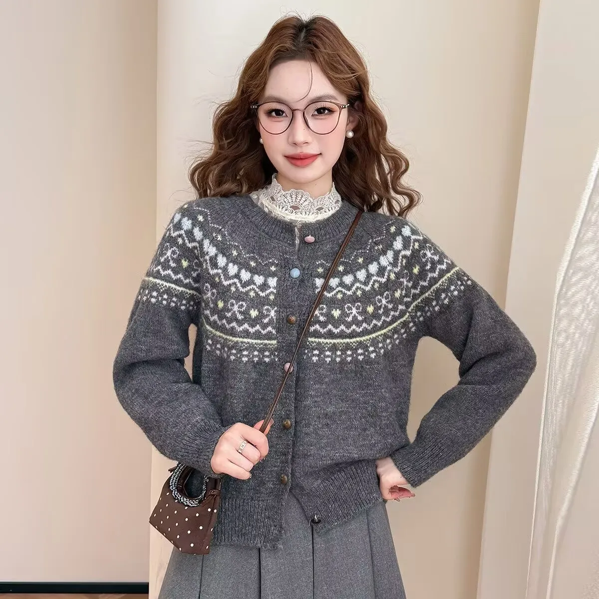 

Womens Knitted Cardigan Striped Flowers Sweater