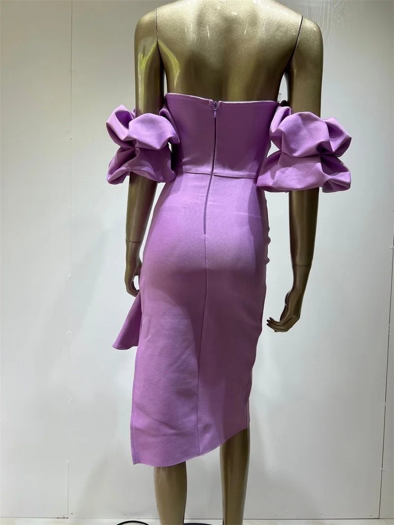 Strapless Split Womem Prom Dress Bishop Sleeve Boat Neck Party Gown Elegant Purple High Waist One Pace Skirt New Design In Stock