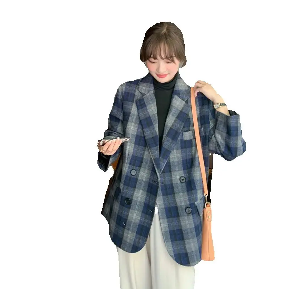 

Blue Plaid Woolen Suit Jacket Female 2024 Early Spring New Korean Version Loose Spring And Autumn Cotton Cashmere Coat Female.