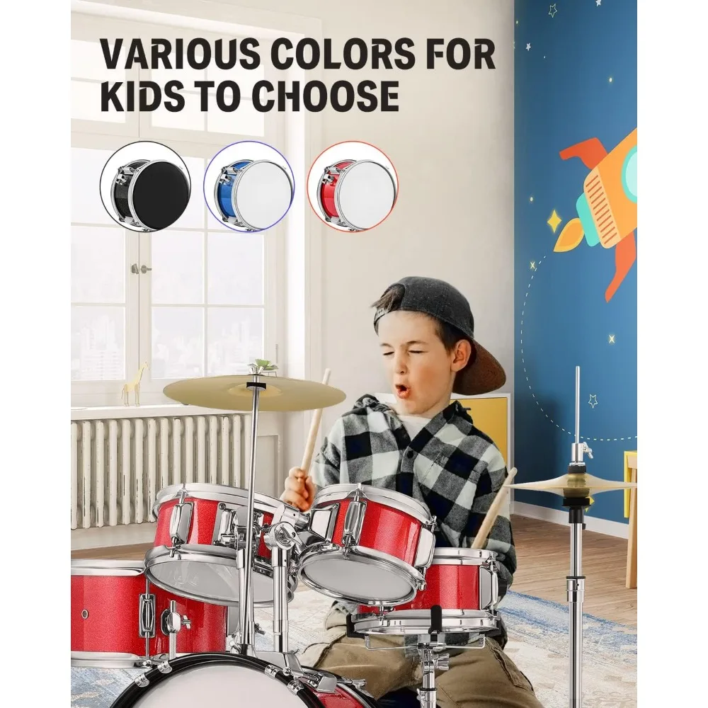 Children's Drum, Suitable for Beginners, 14 Inch Teenagers, with Adjustable Throne, Cymbal, Hat, Foot Pedal, and Red Drum Kit