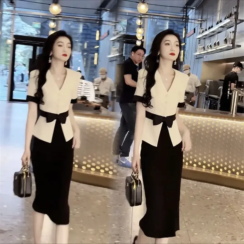 Suits Sexy Skirt Office Female Outfits Midi Women\'s Two Piece Set Slit Short Sleeve Maxi Long Stylish Clothing Trend 2024 Luxury