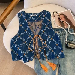 Womens Denim Vest Flower Embroidery Lace up Waistcoat