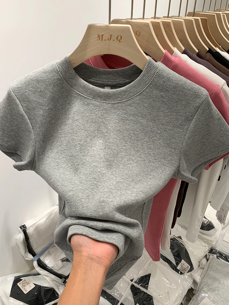 Slim Fit Short Sleeve round Neck Knitted T-Shirt Women's Summer Fashion Base Layer Top Euro Style Commute Style Cotton Blend