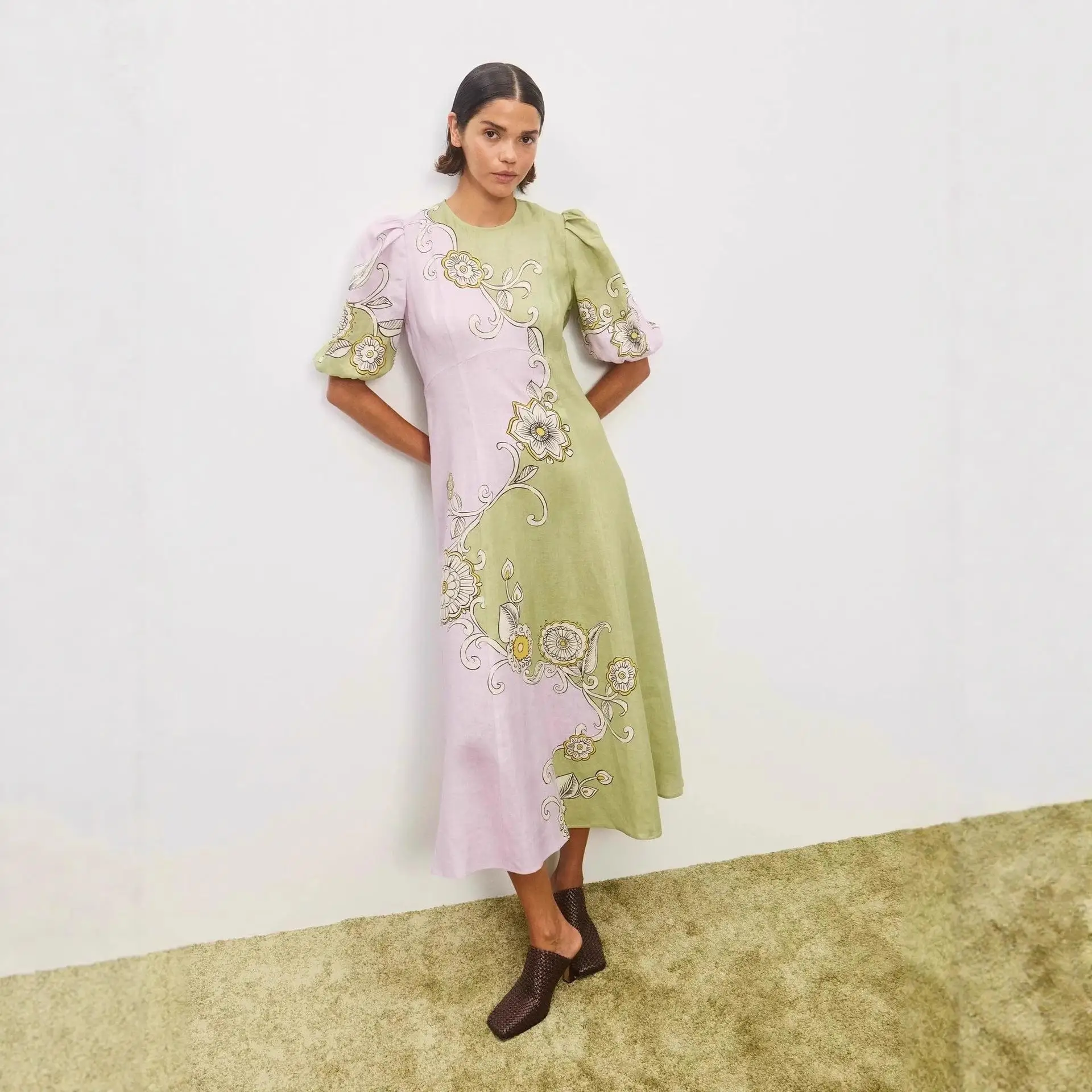 

2025 New Women's Long Bubble Sleeve Linen Print Dress High Waist A-Line Skirt Commute Style City Walk Suitable for All Seasons