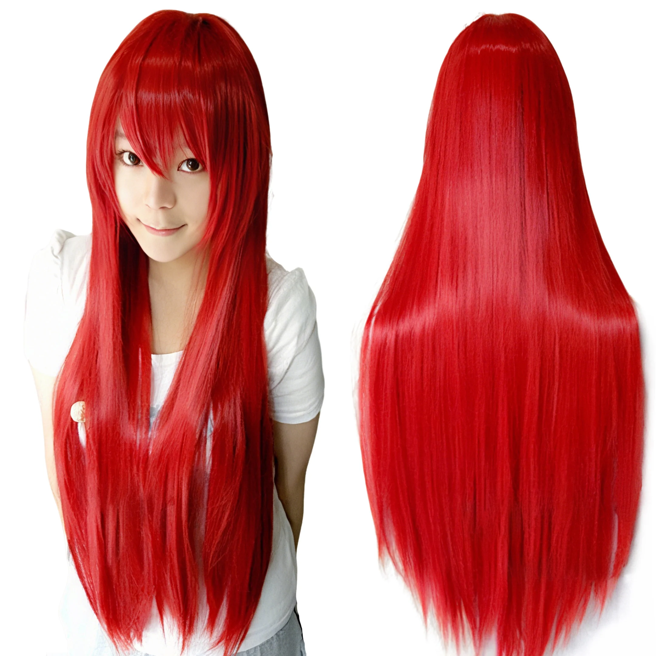 Peluca Larga y Lisa Roja de Cabello Sintético para Cosplay de Anime, Disfraz de Halloween de Rias Gremory, Peluca de Erza Scarlet con Flequillo