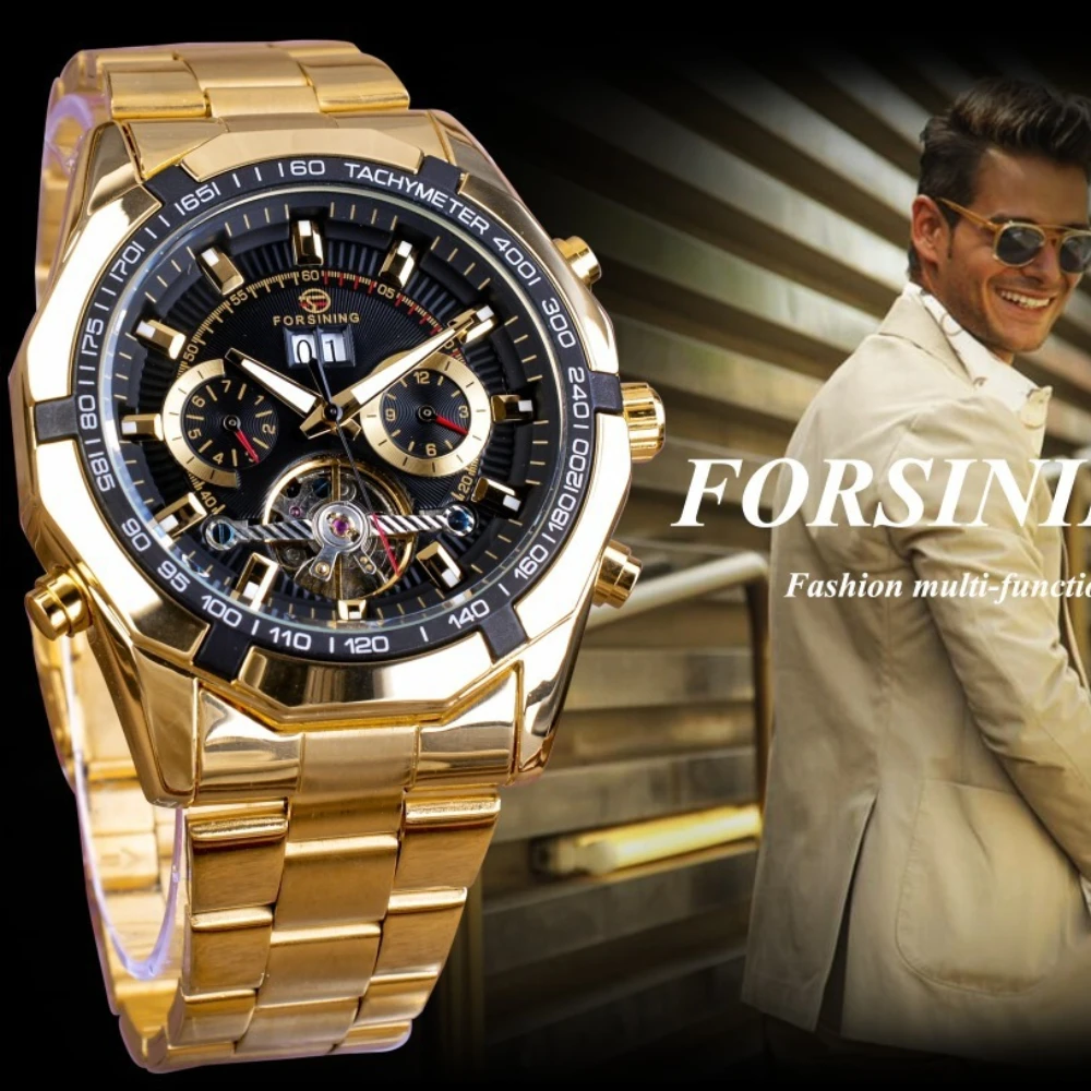 

Forsining342 Мужские модные полуавтоматические механические часы с турбийоном и большим циферблатом, механические часы из нержавеющей стали с датой для мужчин