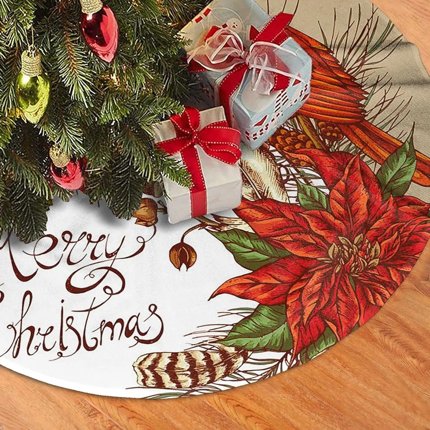 Christmas Tree Skirt Mat Vintage Retro Merry Chrsitmas Cardinal Bird Flower Xmas Decorations Holiday Party Ornaments