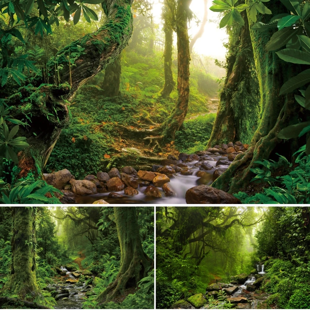 

Spring Forest Backdrop TropicalJungle Rainforest Green Leaves Natural Landscape Adventure Camping Decor Photography Background